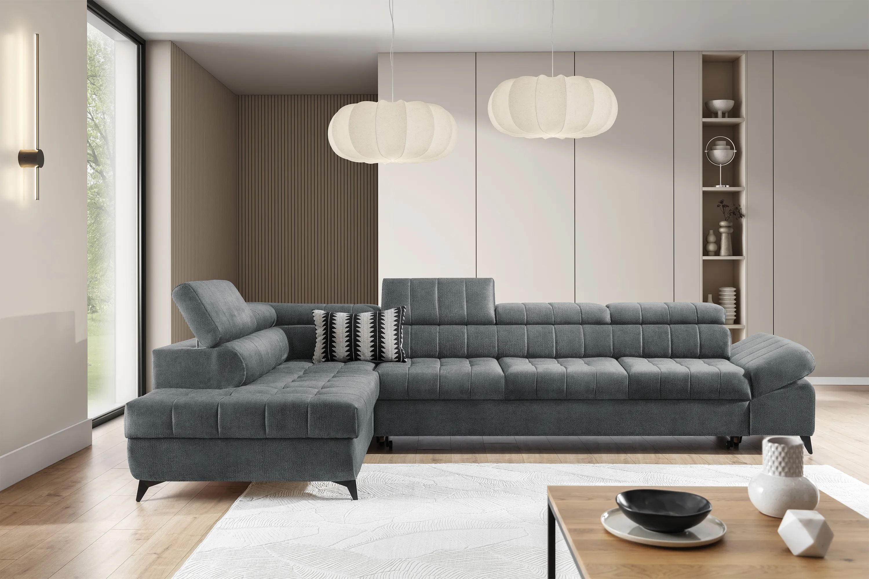 Narożnik lewostronny VALORIS MAXI regulowane zagłówki i podłokietniki tkanina Perfect harmony 85 szary - B_168603