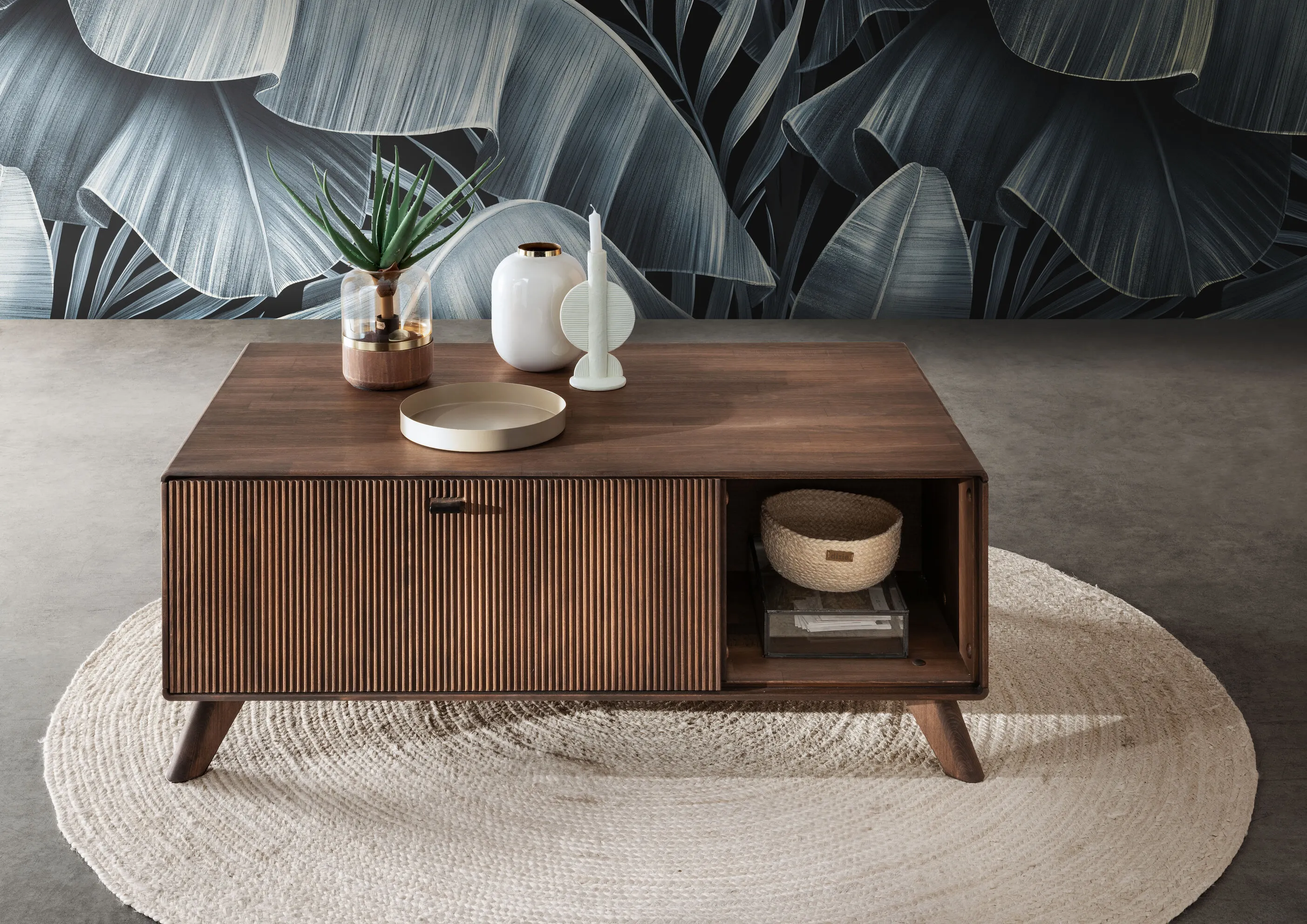 Stolik drewniany ryflowany BLISS 118x70 z półką i szafką - GK_103624130102