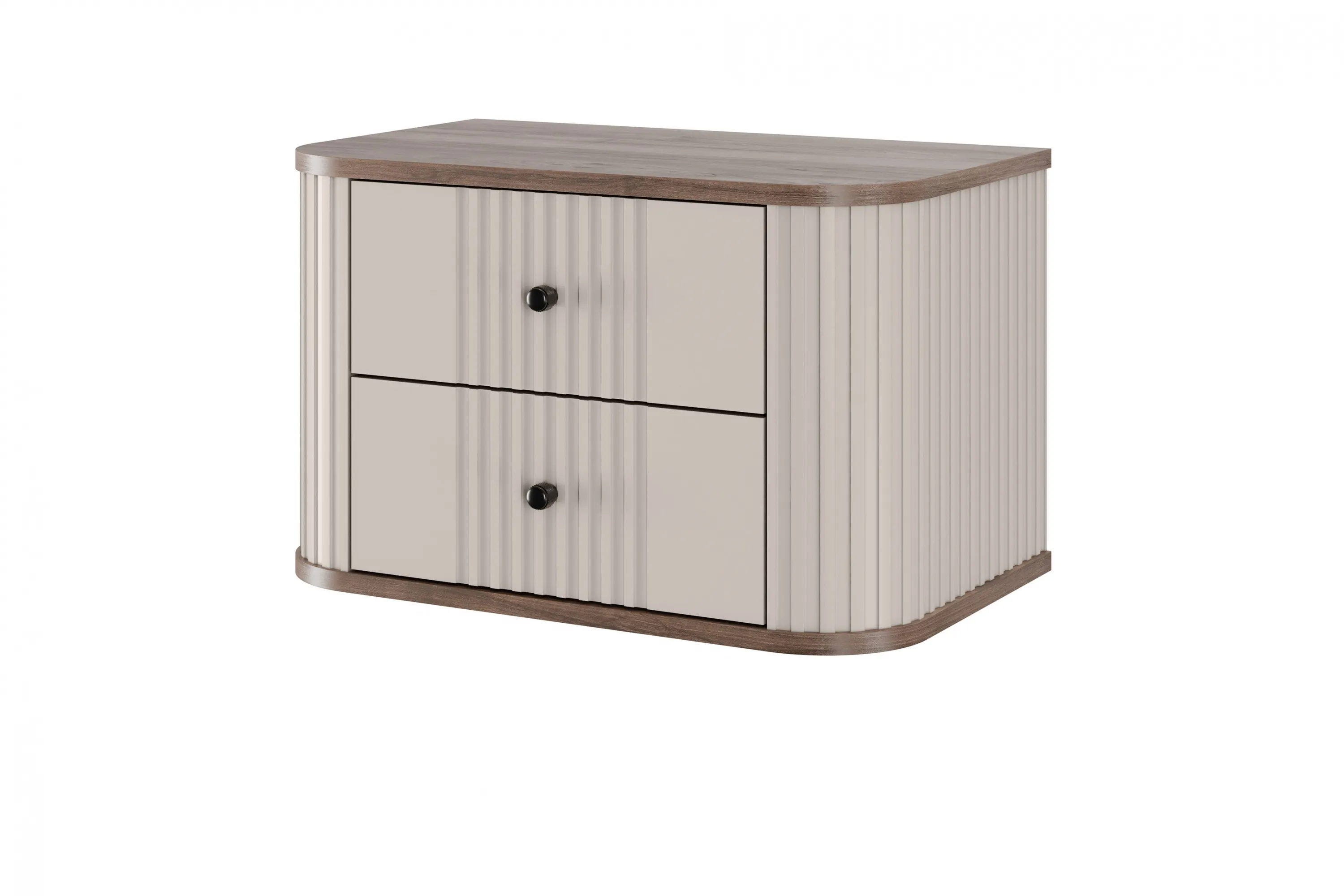 Szafka nocna wisząca z 2 szufladami VESPER 56 zestaw 2 sztuk ryflowany front cashmere orzech czarne uchwyty - B_163842