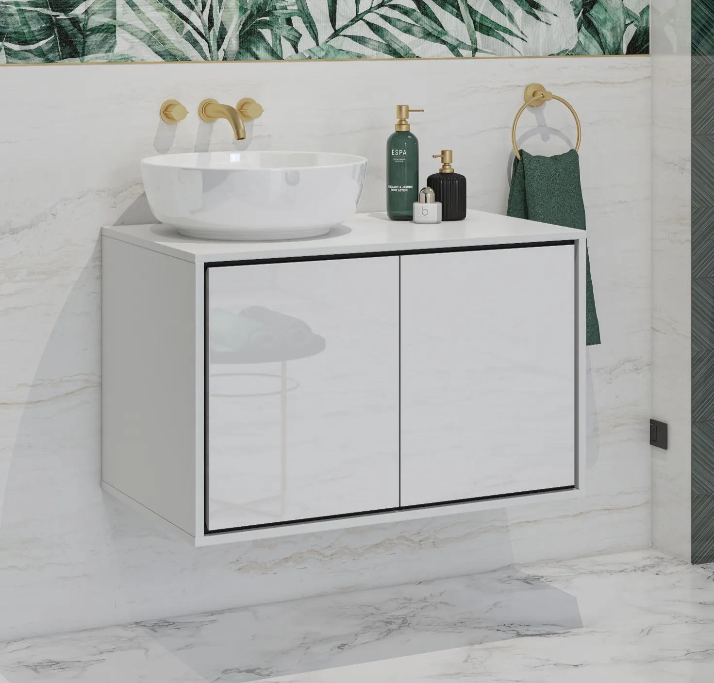 Szafka pod umywalkę IRVINE 2-drzwiowa 80cm - biały połysk, czarny - 309WNP58