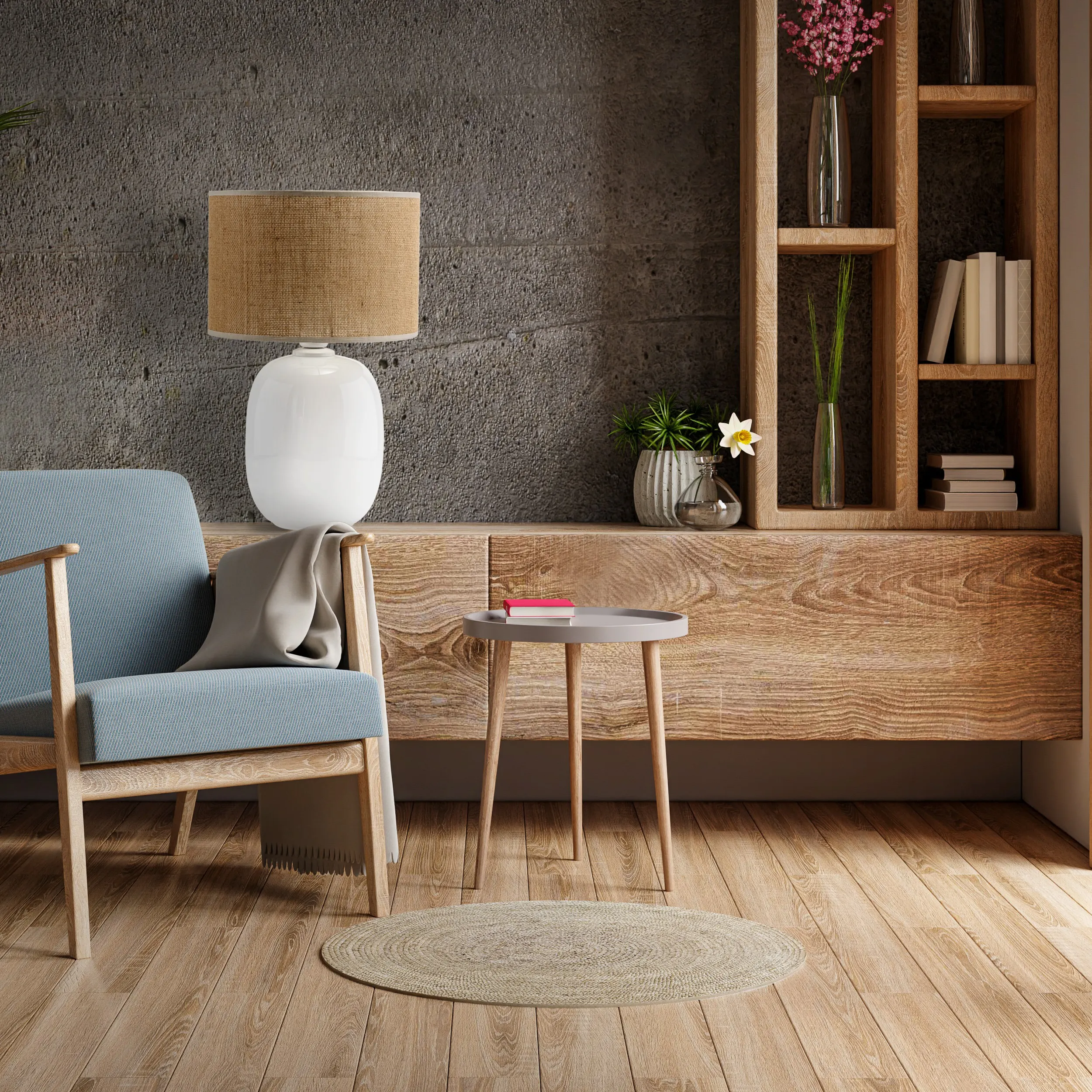 Lampka nocna MELODY biała z abażurem brązowym z juty okrągłym 48x30cm - TK_5984