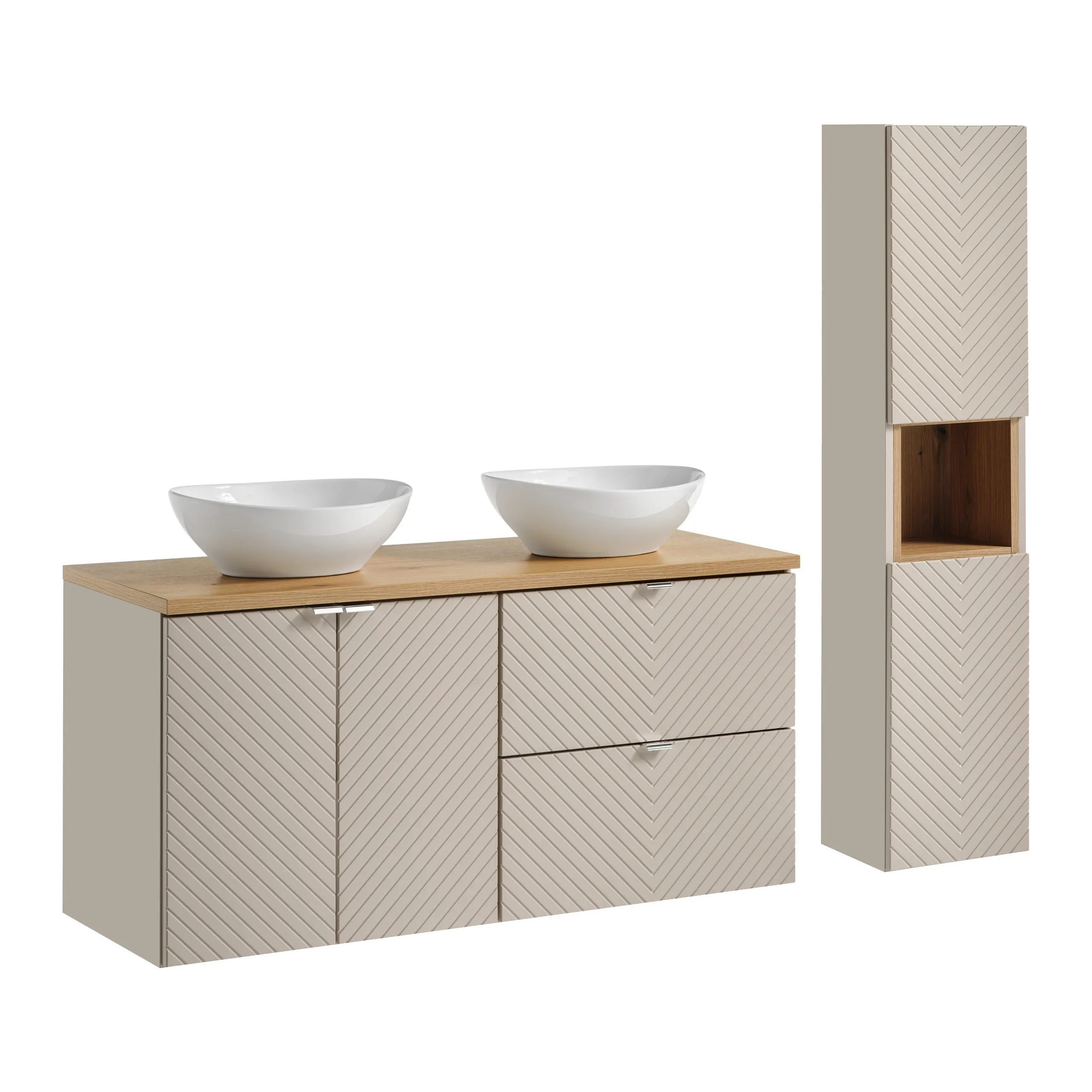 Zestaw meblowy SET-VIC 120cm ( 2 szafki + blat + 2 umywalki nablatowe Lola + szafka wysoka ) kaszmirowy, efekt drewna