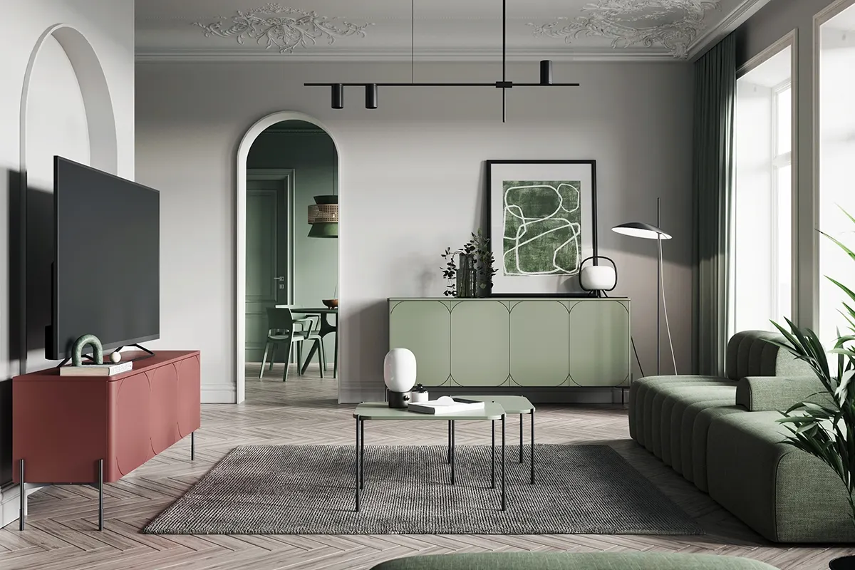 Szafka RTV z szufladą SONATIA 150 - czerwony ceglany / czarne nogi - B_149152