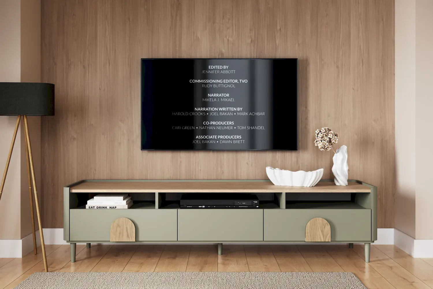 Szafka RTV z klapą i 2 szufladami AMILIO 200 - eukaliptus dąb baltic dune uchwyty dąb naturalny nogi eukaliptus - B_169229