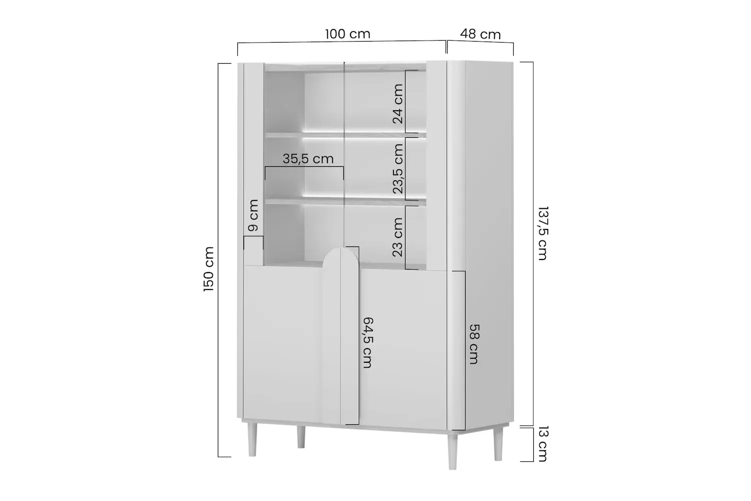 Witryna 2-drzwiowa AMILIO 100 oświetlenie LED - cashmere / dąb olejowany uchwyty dąb jasny nogi cashmere - B_169212
