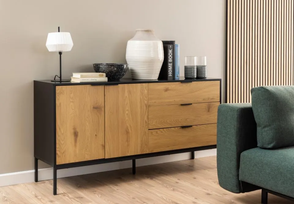 Komoda 2-drzwiowa z 3 szufladami MOODY 160x40x80 Naturalny, Czarny — zdjęcie 10
