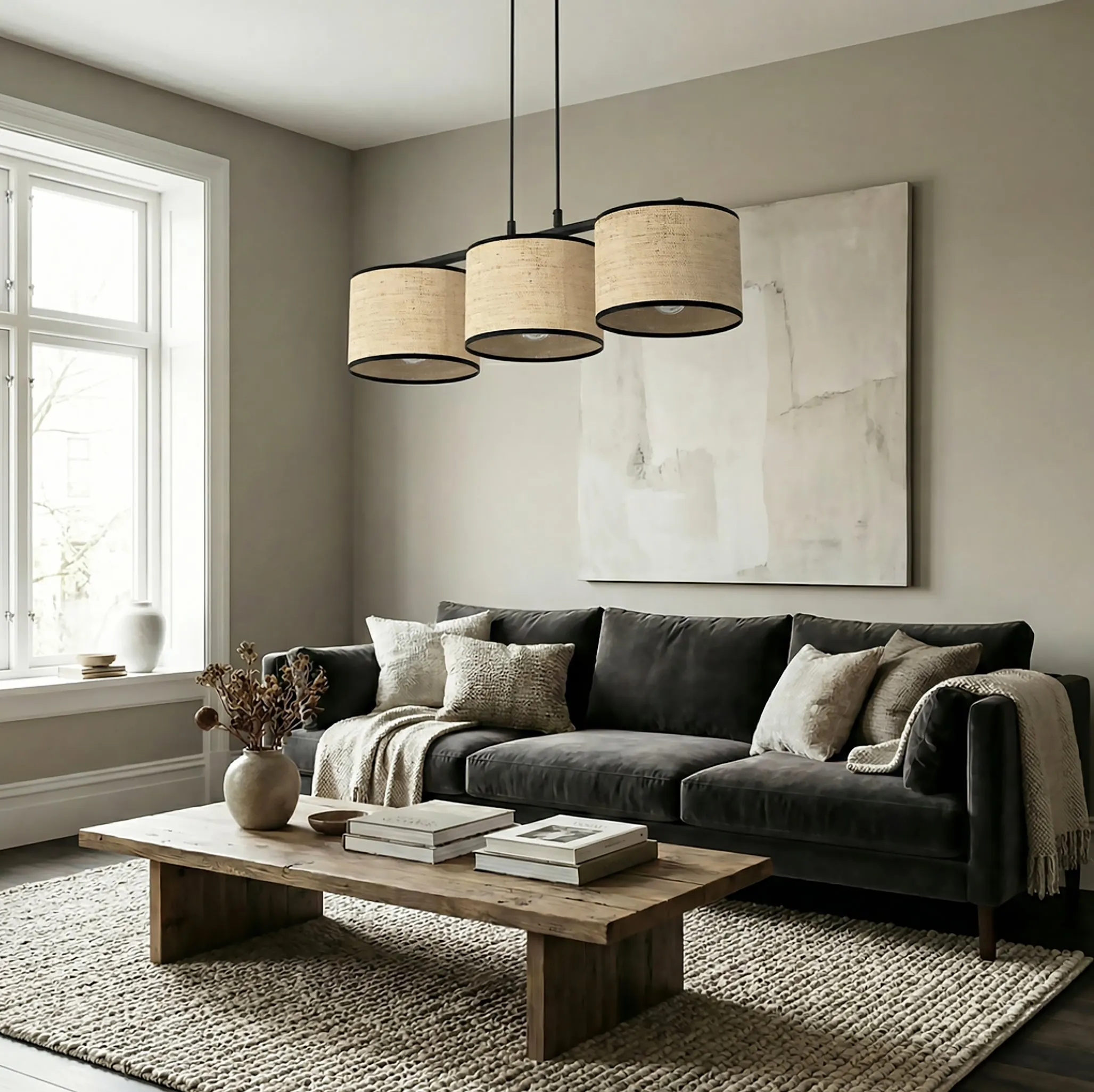 image sofa, living room, coffee table, pendant lights, abstract art