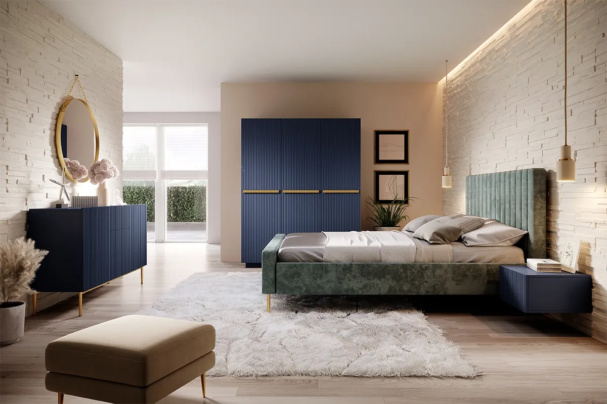 Szafa 3-drzwiowa NICOLE 150 z półkami, drążkiem i 2 szufladami - czarny mat - złote uchwyty - cokół - B_148443