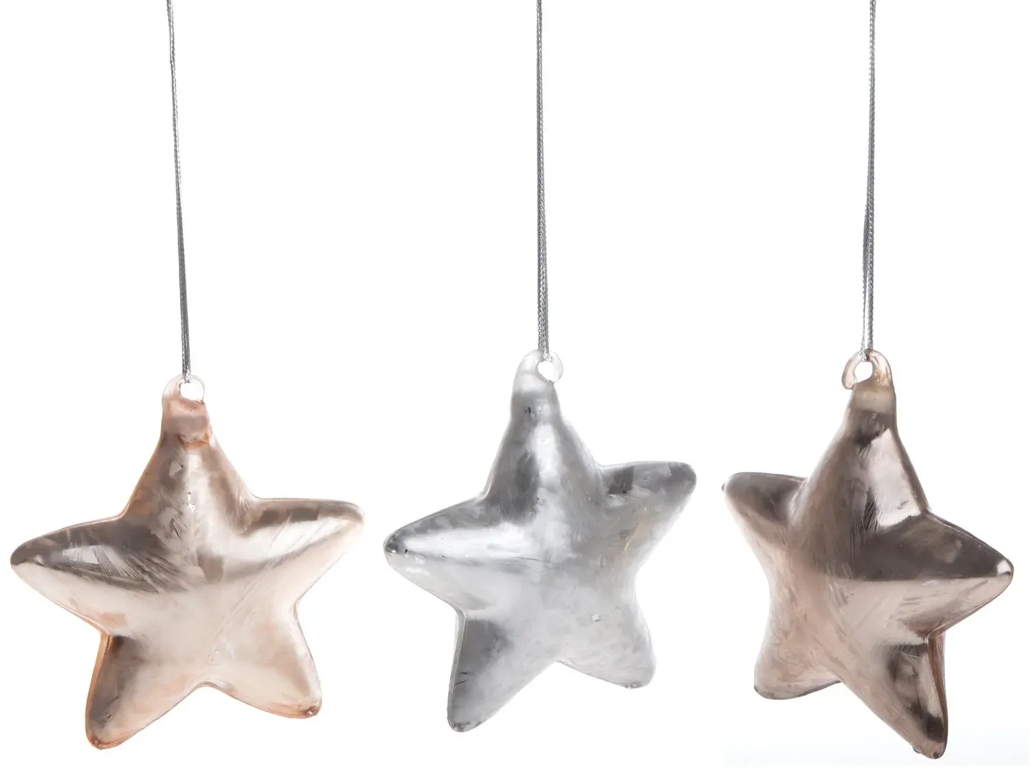 Komplet 3 bombek szklanych GWIAZDKI 3 kolory 5643 miedziany złoty srebrny Komplet 3 bombek szklanych GWIAZDKI 3 kolory 5643 miedziany złoty srebrny