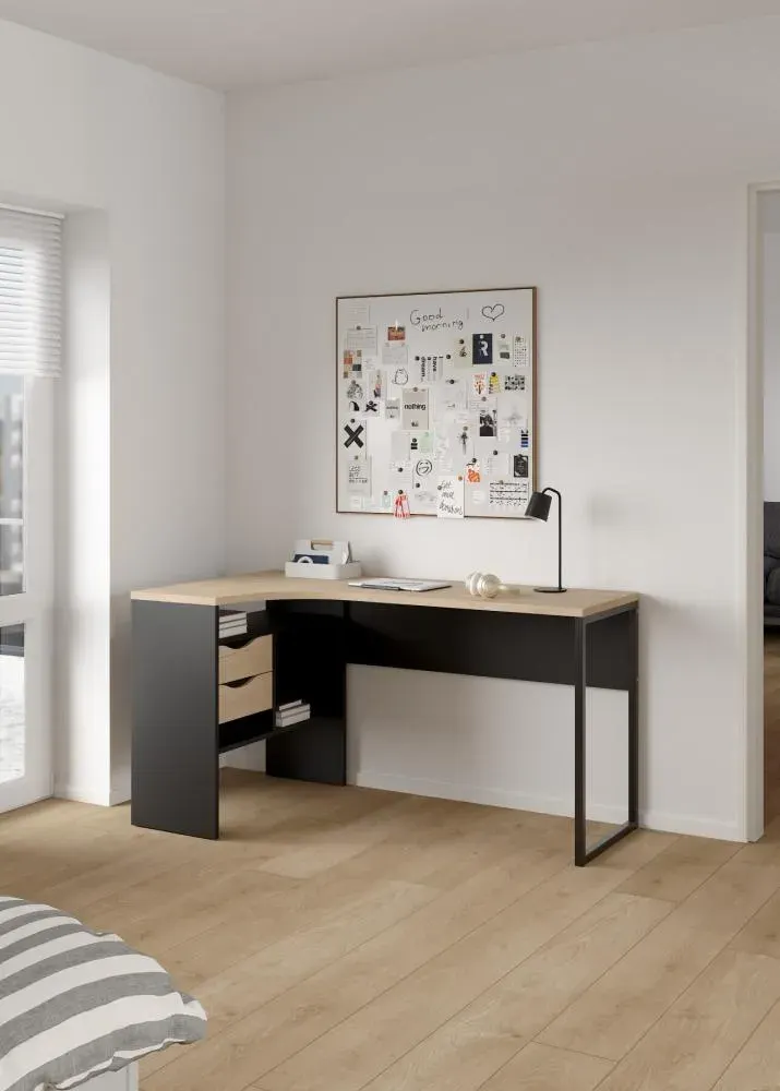 Narożne biurko z 2 szufladami FUNCTION PLUS 145cm czarny mat/Jackson Hickory - TV_80118GMHL