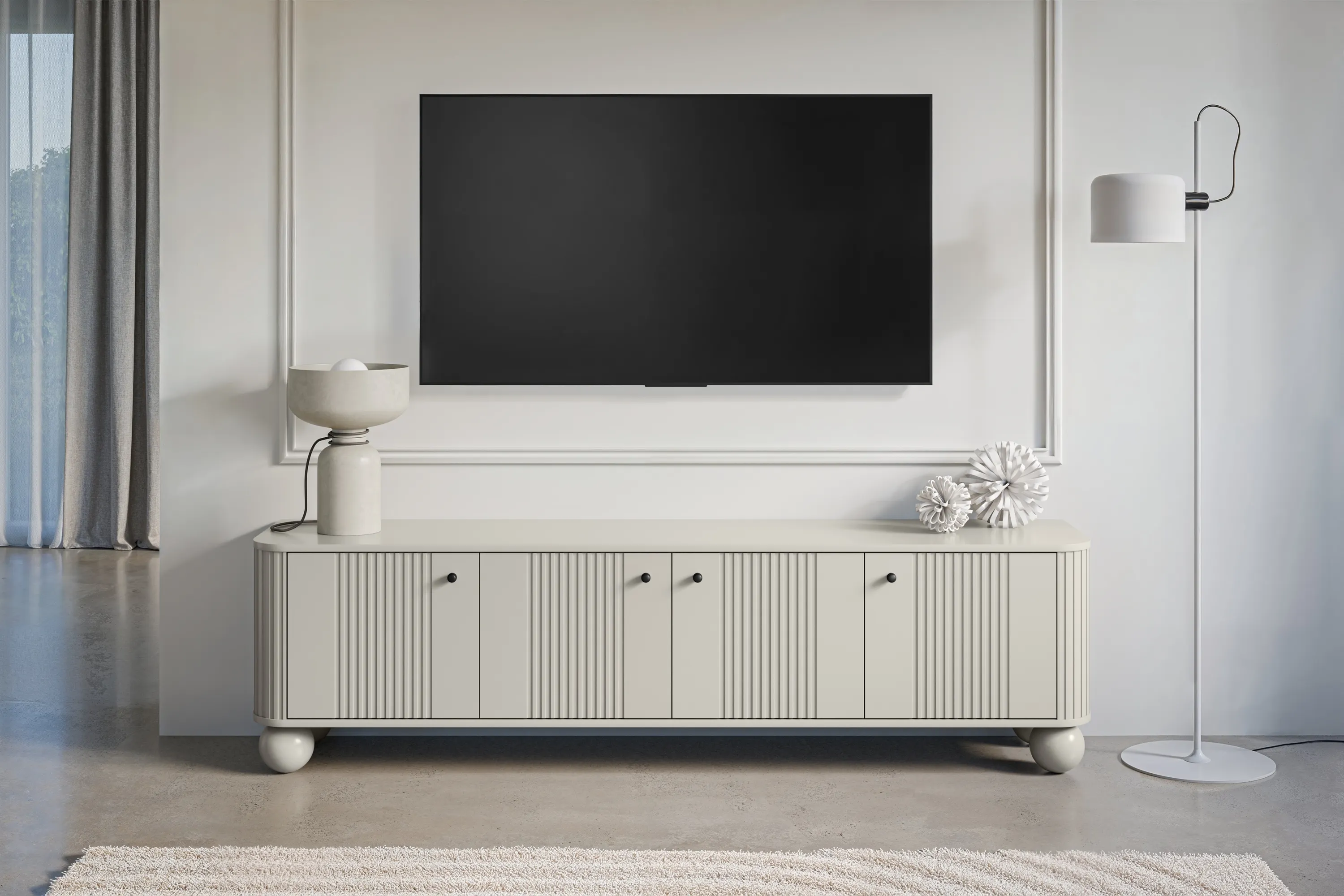 Szafka RTV 4-drzwiowa VESPER RTV 187 ryflowany front cashmere czarne uchwyty nogi kule - B_163729