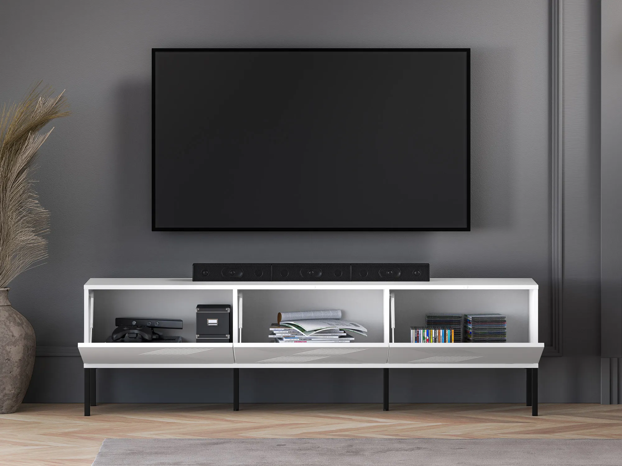 Szafka RTV z 3 klapami CLEARING 04 biały alpejski, noga-czarny - 1CLEA04-001-02