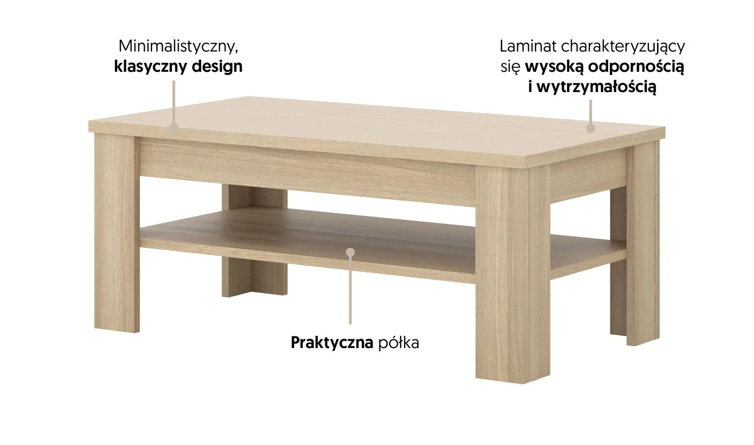 Stolik kawowy z półką CUBA II 65x120 dąb samdal - 24DEOC99