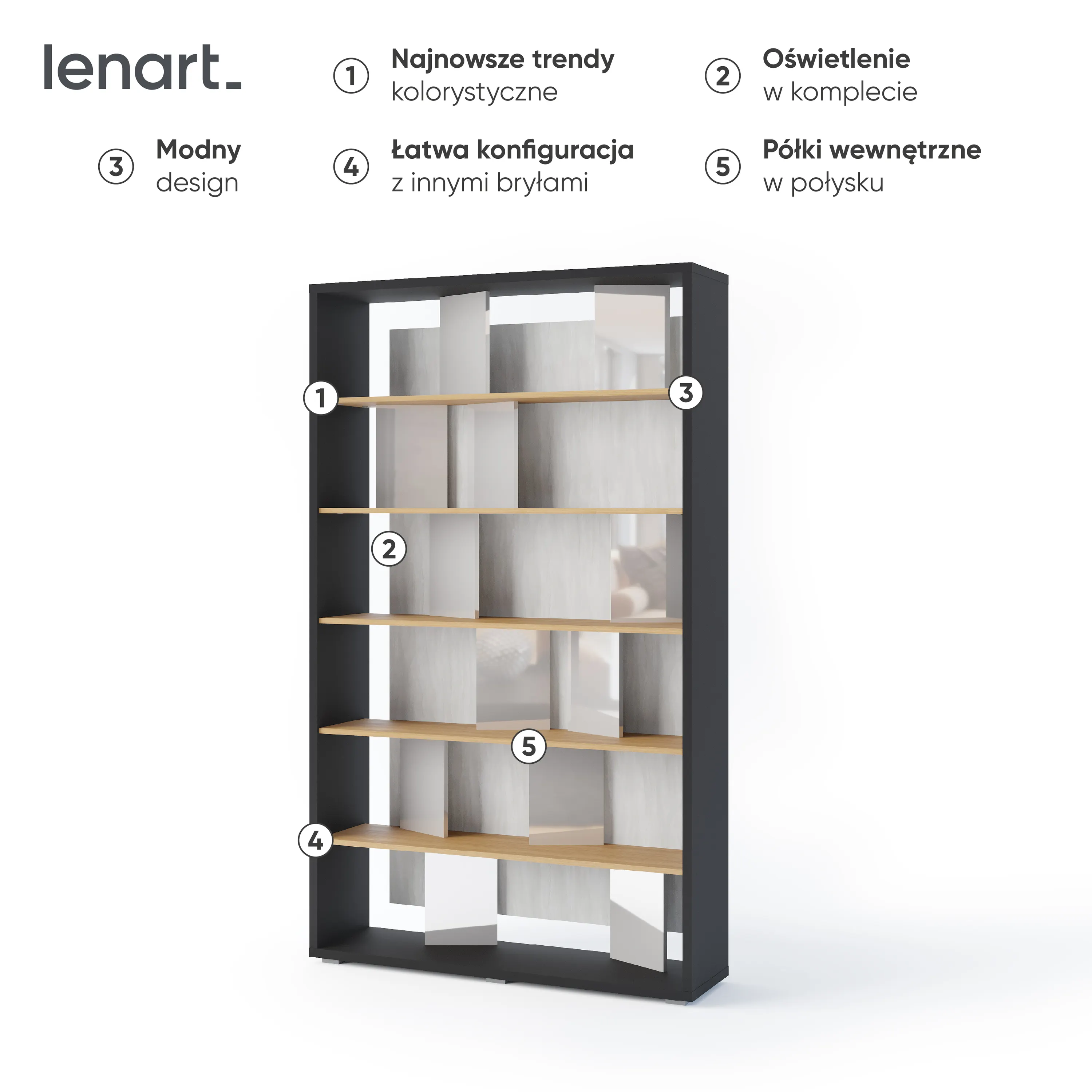 FITT FP-01 - regał z oświetleniem - grafit/dąb linearny/natura/szary połysk - FP1GDP