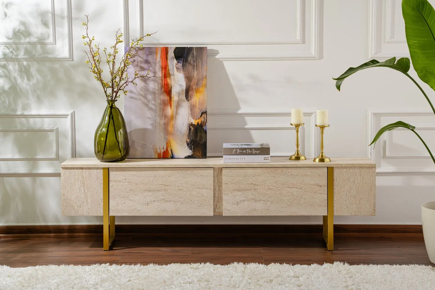 Szafka RTV 2-drzwiowa SERENITY 180 cm trawertynowa złoty stelaż - ASI_241NRD1308