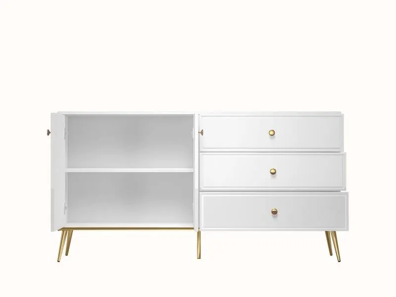 Komoda 2-drzwiowa z 3 szufladami GOLDIN 04 biały połysk na złotych nogach - 1GOLD04-001