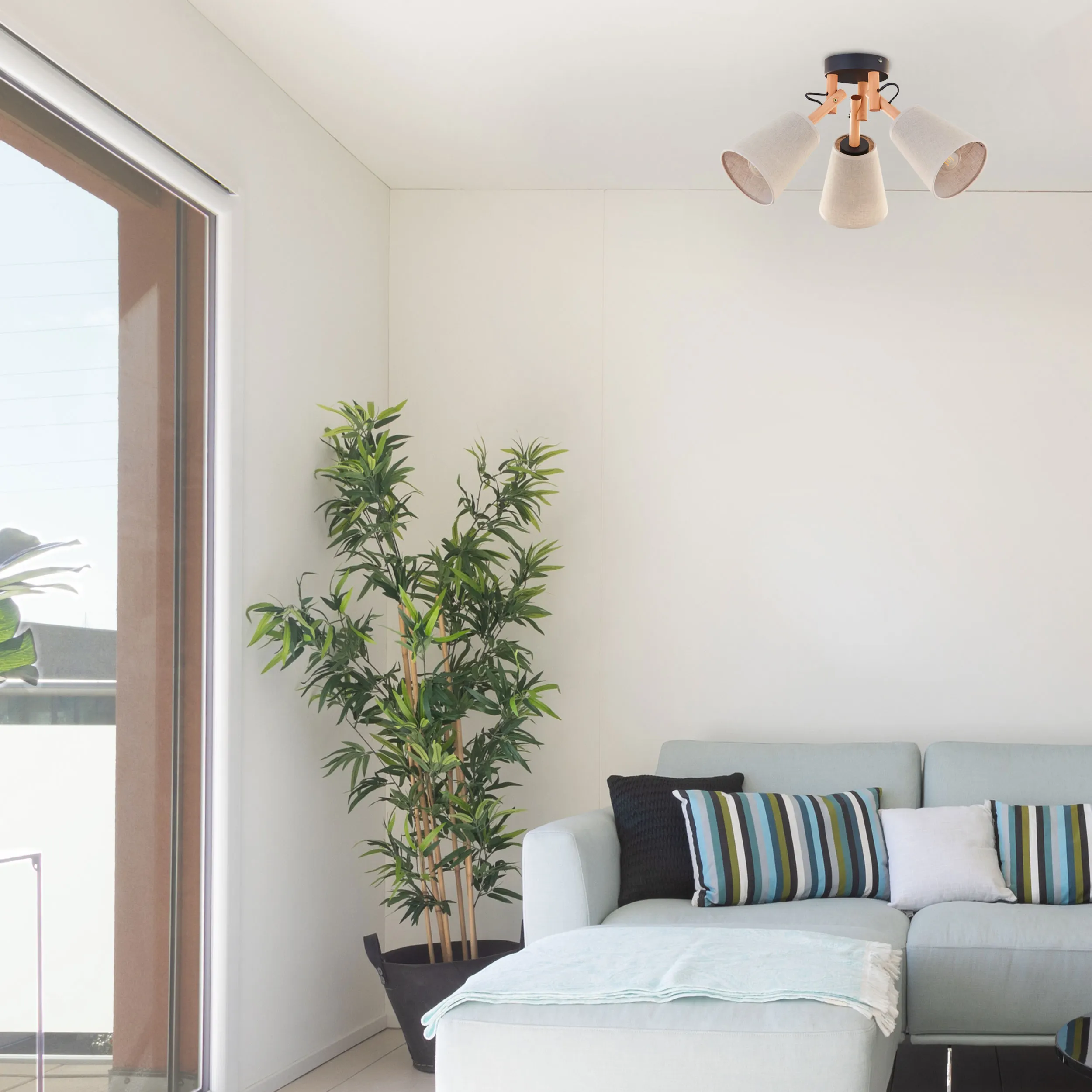 Lampa sufitowa VAIO NATURE brązowe klosze z tkaniny na drewnianych jasnych regulowanych ramionach na czarnej okrągłej podstawie 46x30cm - TK_574