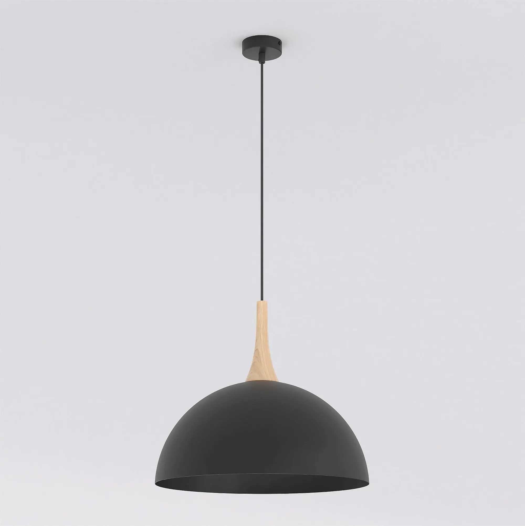 lampa wisząca, czarna lampa, korpus metalowy, drewniany element, konstrukcja wisząca