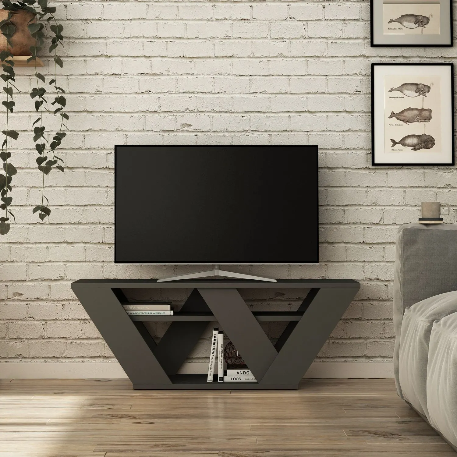 Stolik RTV z półką PIPRALLA 110 cm prostokątna podstawa antracytowy — zdjęcie 2