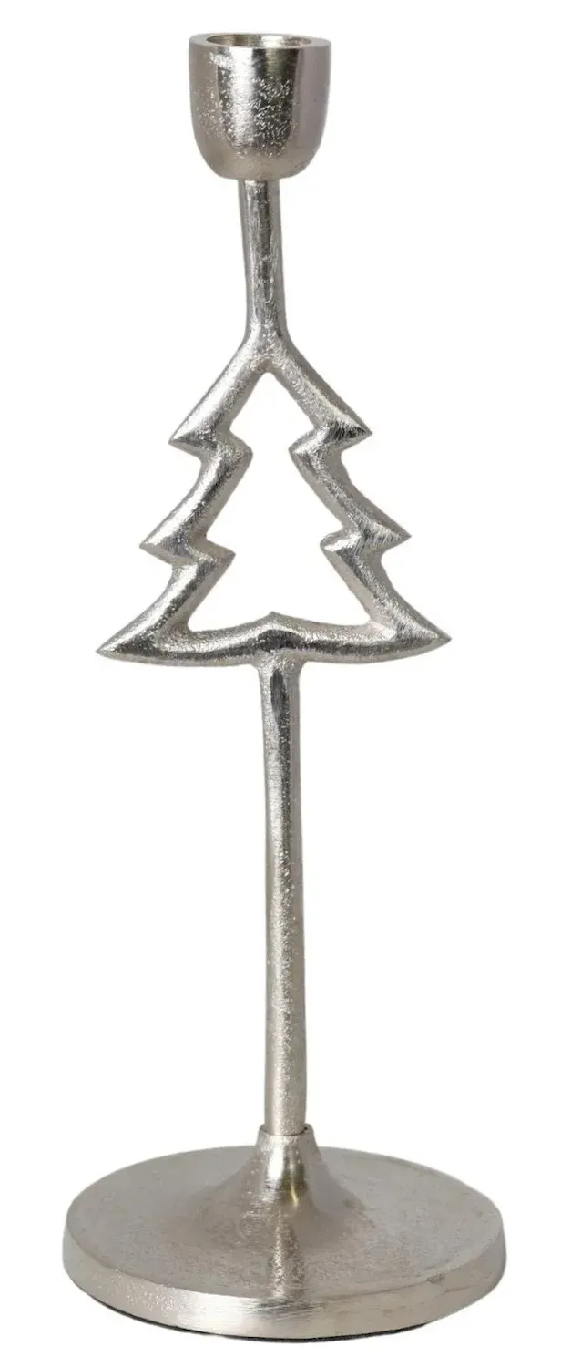 ŚWIECZNIK metalowy Z CHOINKĄ srebrny