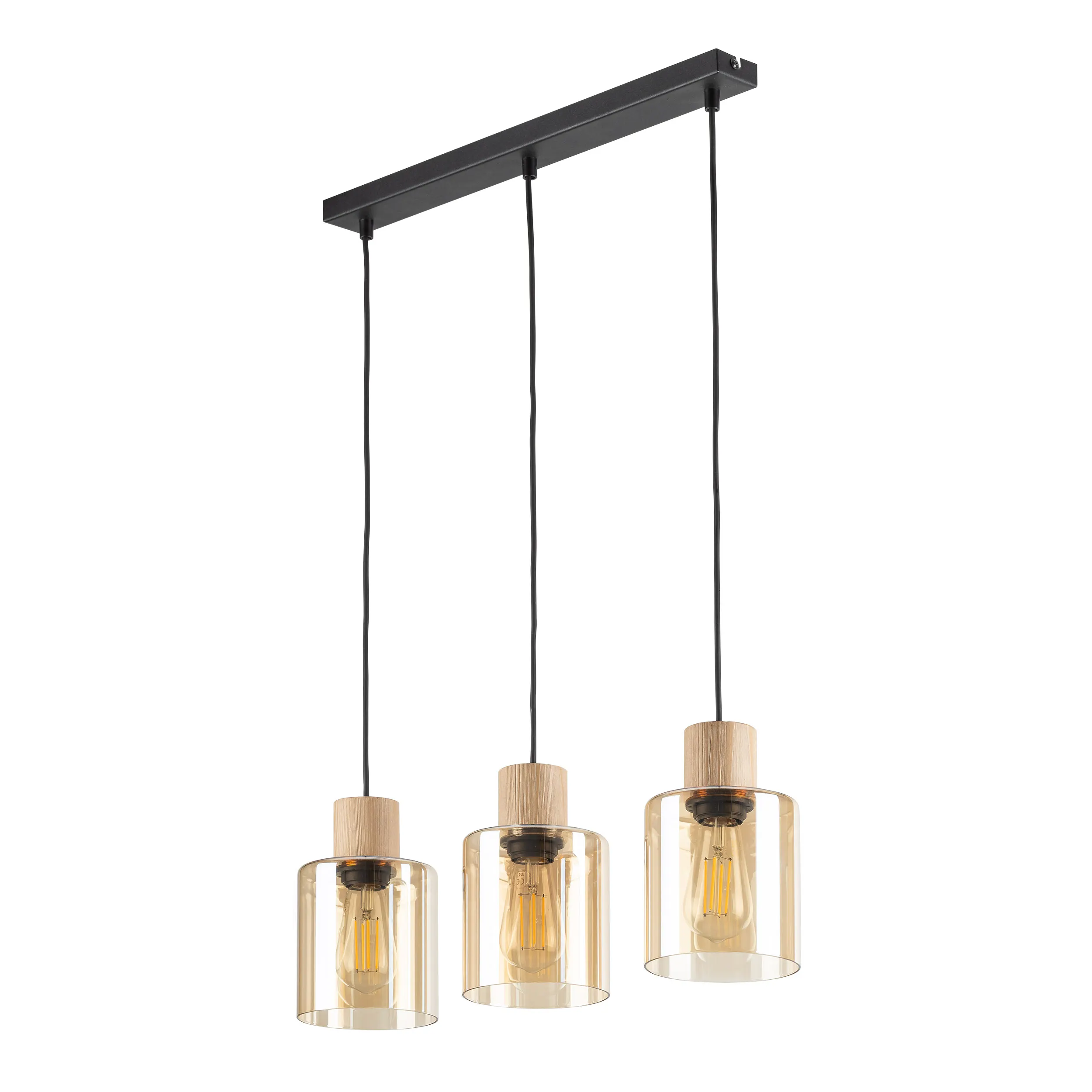Lampa wisząca ORSON czarna z drewnianymi elementami bursztynowe szklane klosze 90x57x13cm
