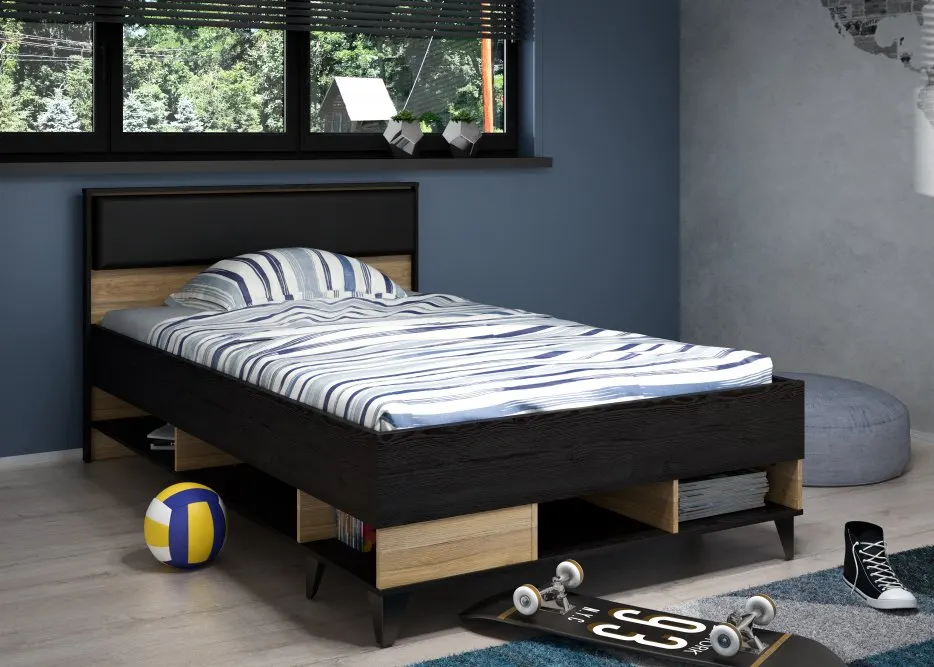 Łóżko młodzieżowe 120x200 z półkami LYA dąb mauvella/cabezone - LYAL1122-M687