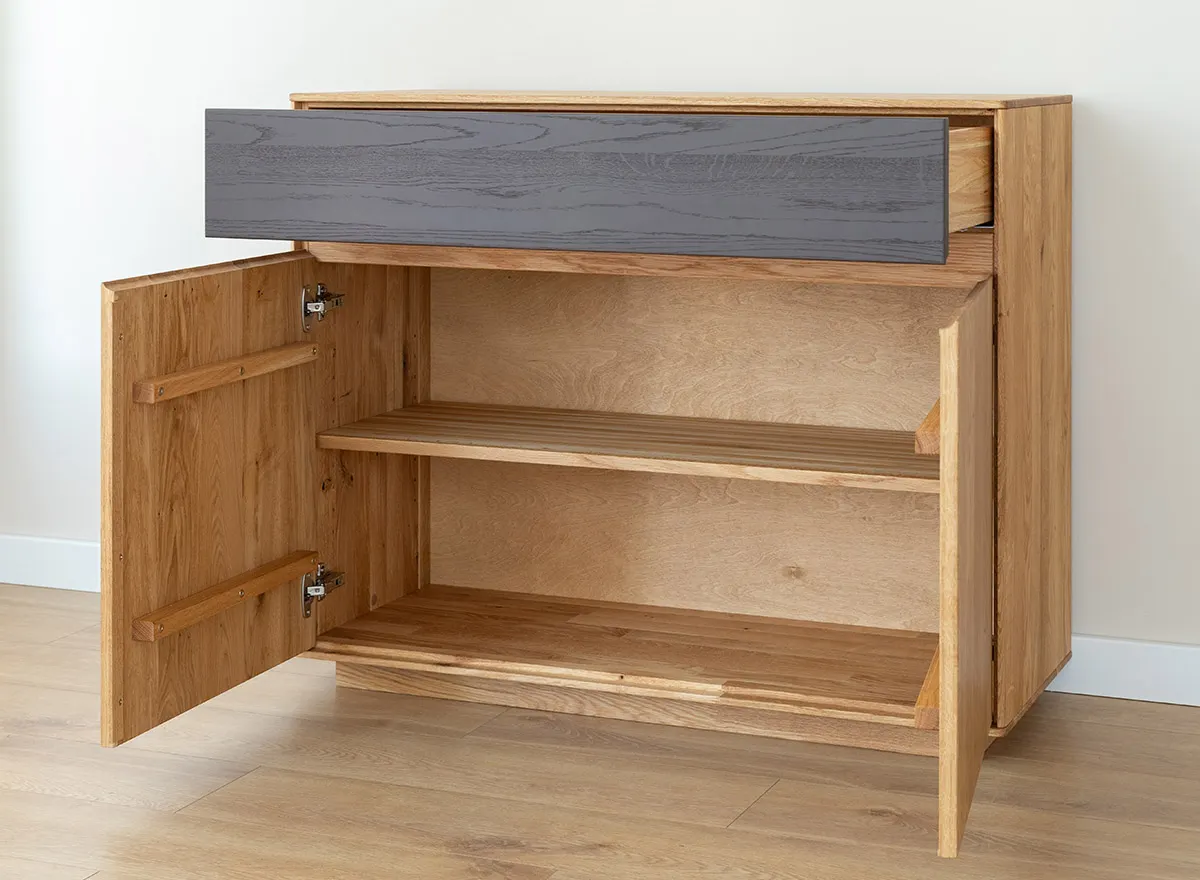 Komoda dębowa 2-drzwiowa z 1 szufladą SORA Dębowy Sen dąb olejowany grafit - ZIKOM3_F_1.2