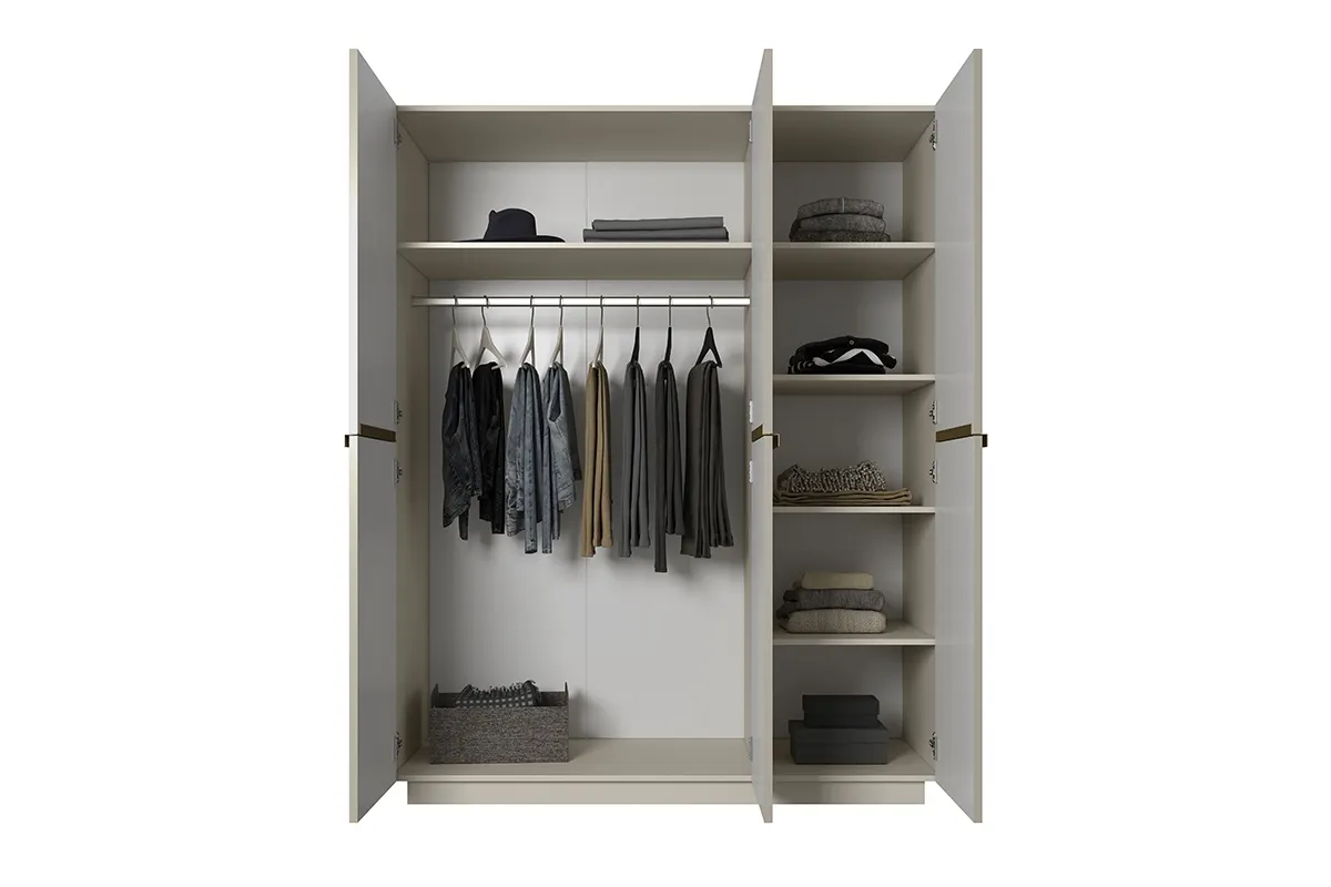 Szafa 3-drzwiowa NICOLE 150 z półkami i drążkiem - kremowa - złote uchwyty - cokół - B_148402