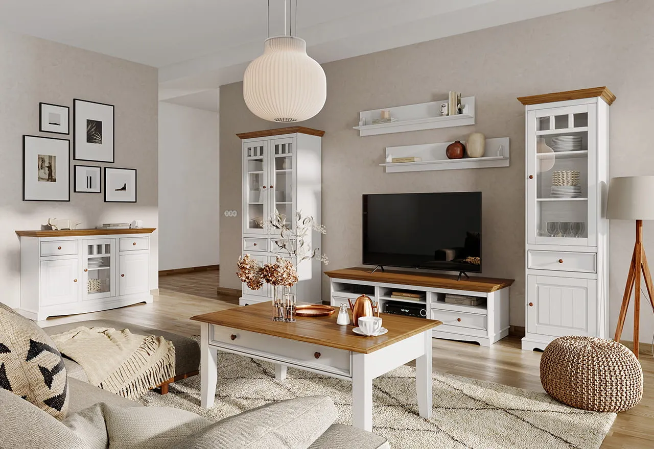 Komoda z przeszkleniem BELLUNO ELEGANTE 3-drzwiowa z 2 szufladami biała - dąb - PL001B/D