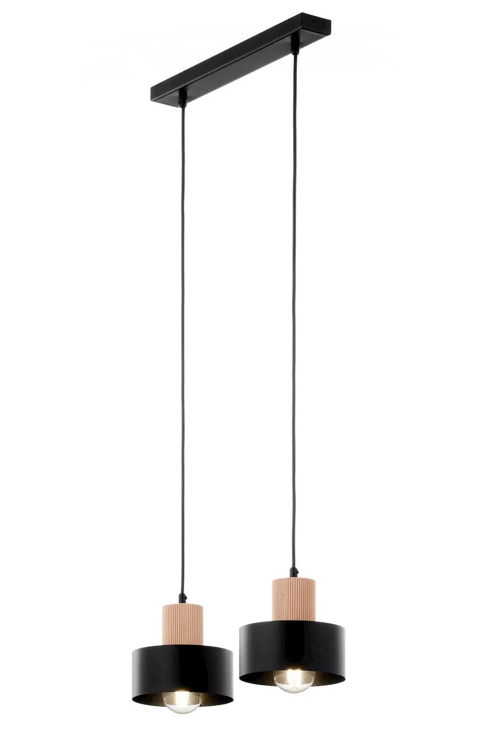 lampa wisząca, zawieszenie, podwójna lampa, czarna osłona, drewniana nakrętka