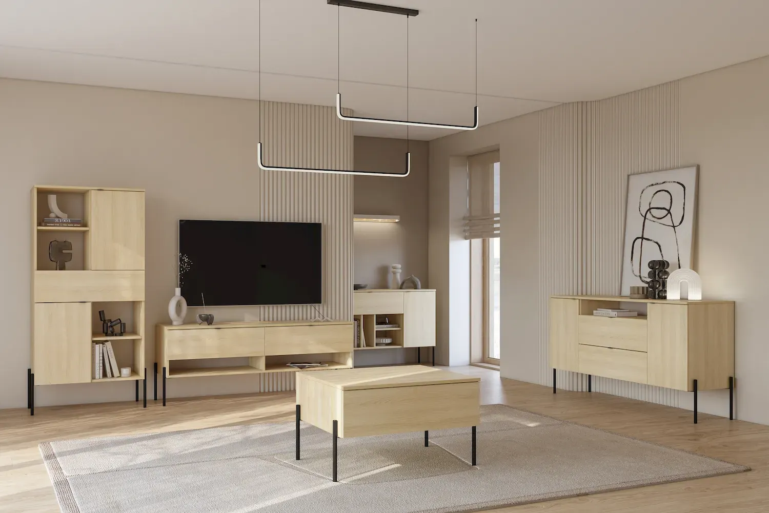 Komoda 2-drzwiowa z 2 szufladami i wnęką ORE 140 cm dąb lindberg czarne nóżki - 24LGOG26