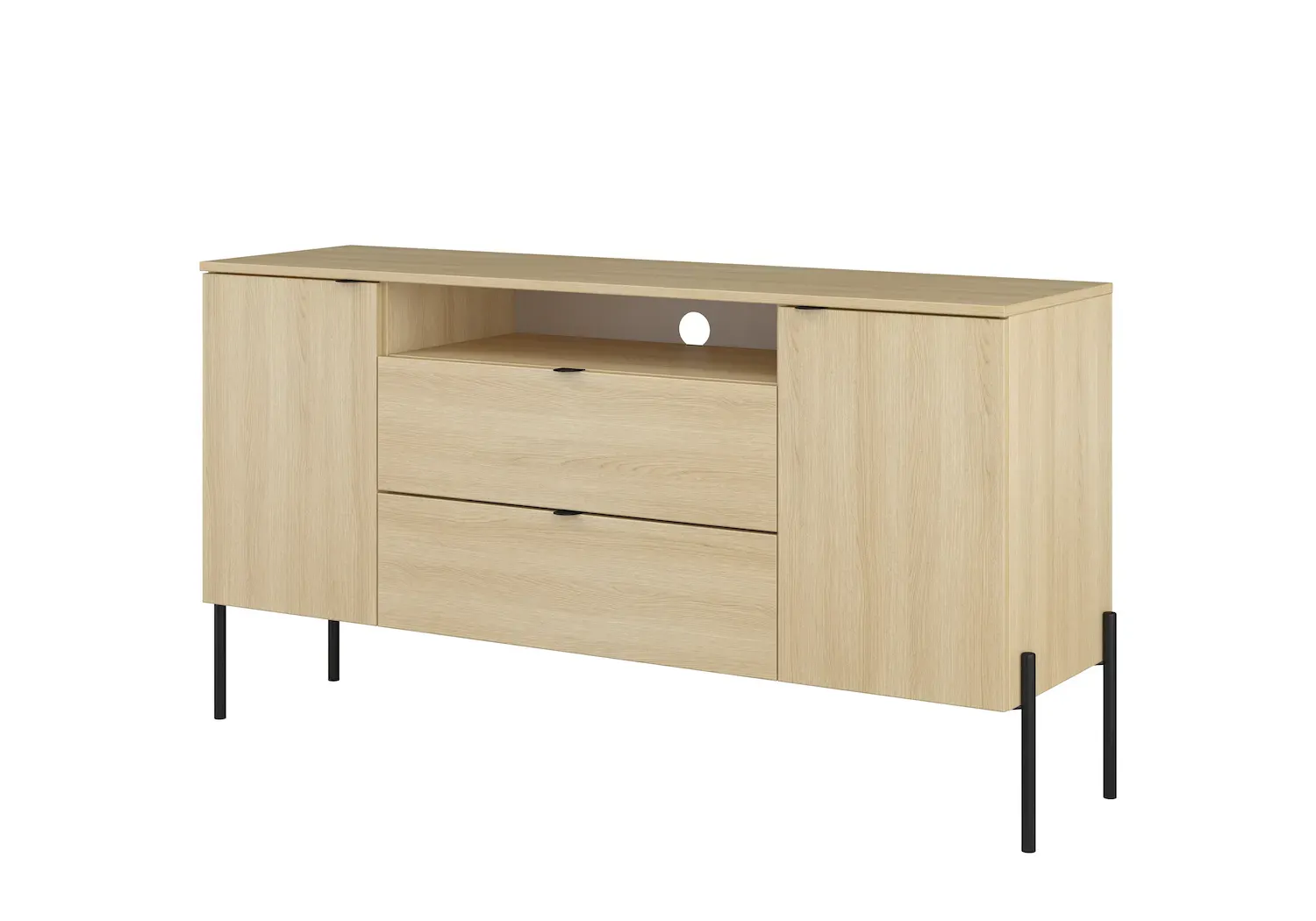 Komoda 2-drzwiowa z 2 szufladami i wnęką ORE 140 cm dąb lindberg czarne nóżki