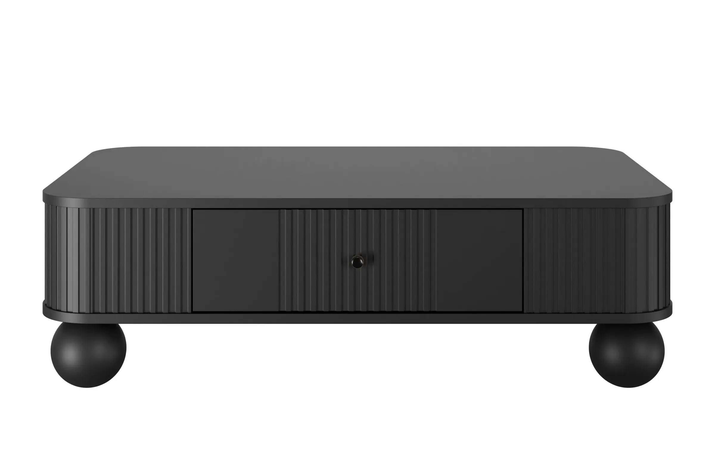 Stolik kawowy z szufladą VESPER 103 ryflowany front czarny czarne uchwyty nogi kule - B_163821