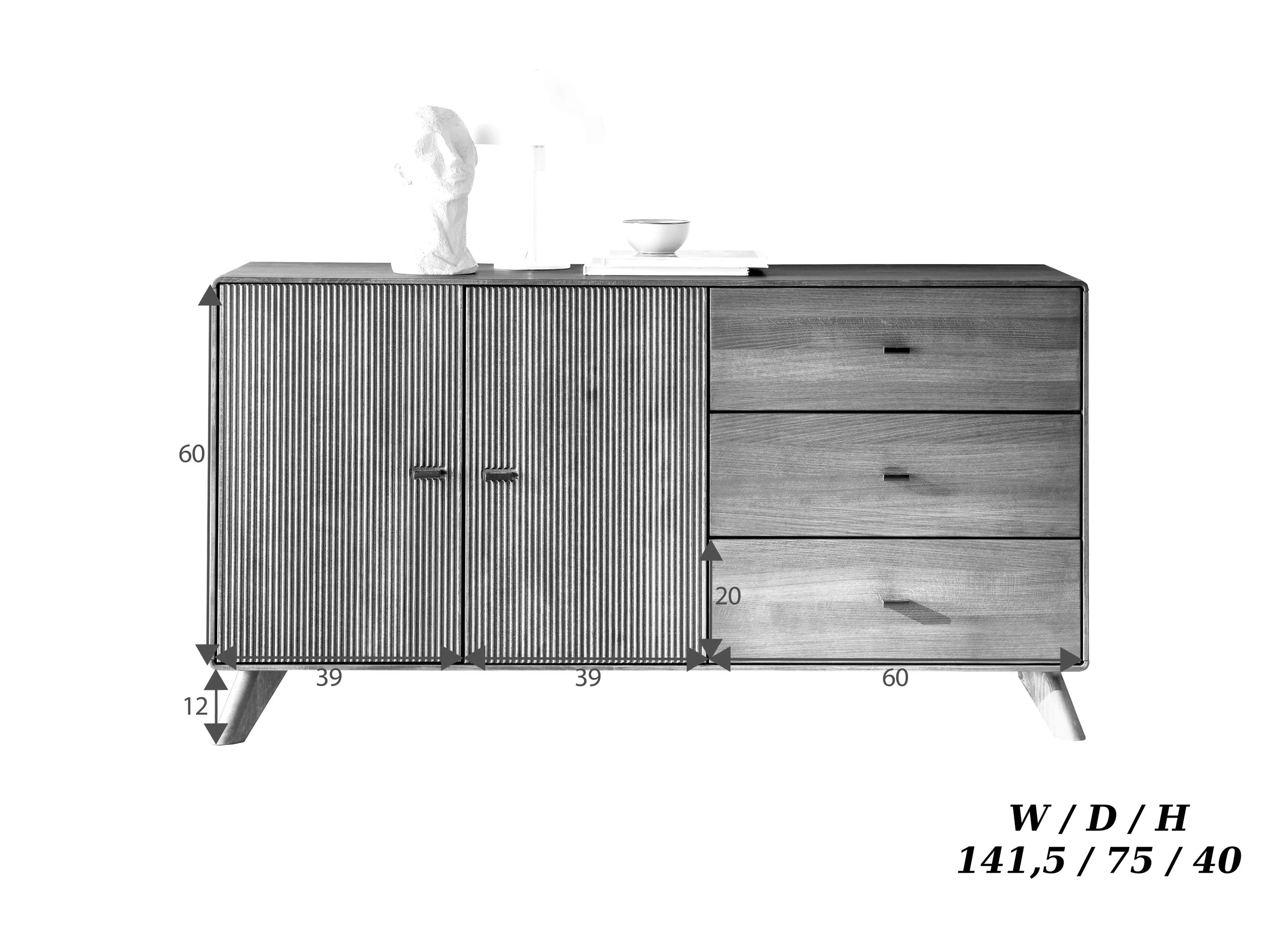 Komoda drewniana ryflowana BLISS 140x40 z 3 szufladami i szafką - GK_103624050102