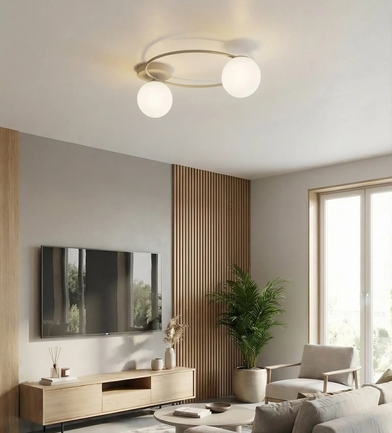 image lampa sufitowa, podwójna kula, oświetlenie mieszkalne, salon nowoczesny, drewniane elementy