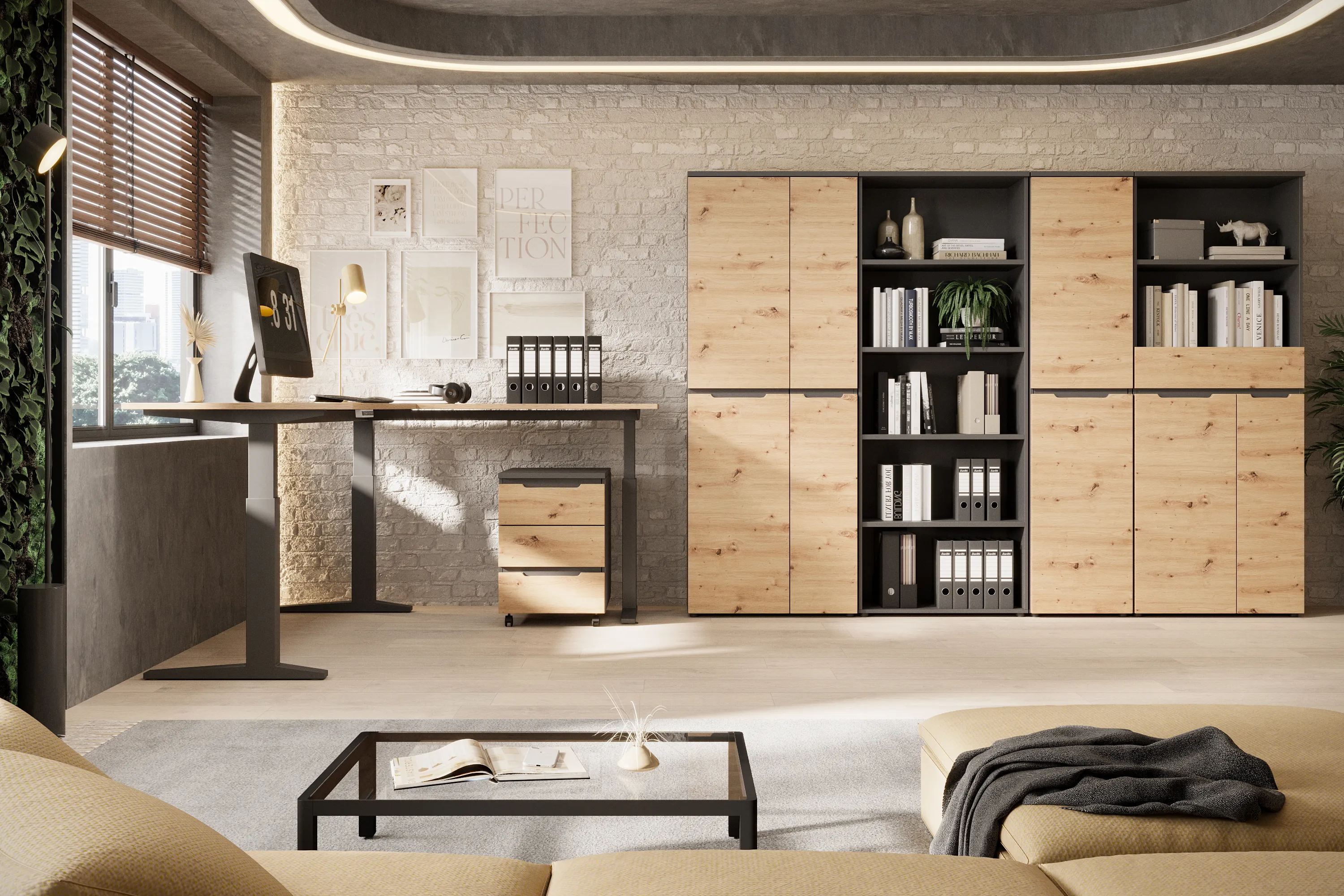 Biurko BREGO 75 z regulacją wysokości dąb artisan czarne 169x72x77cm - TH-100-1907