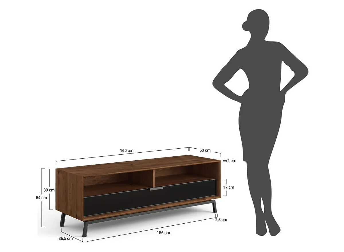 Szafka RTV dębowa MODERN LOFT z przeszkloną szufladą i 2 półkami - tabacco - PLMOL08ST