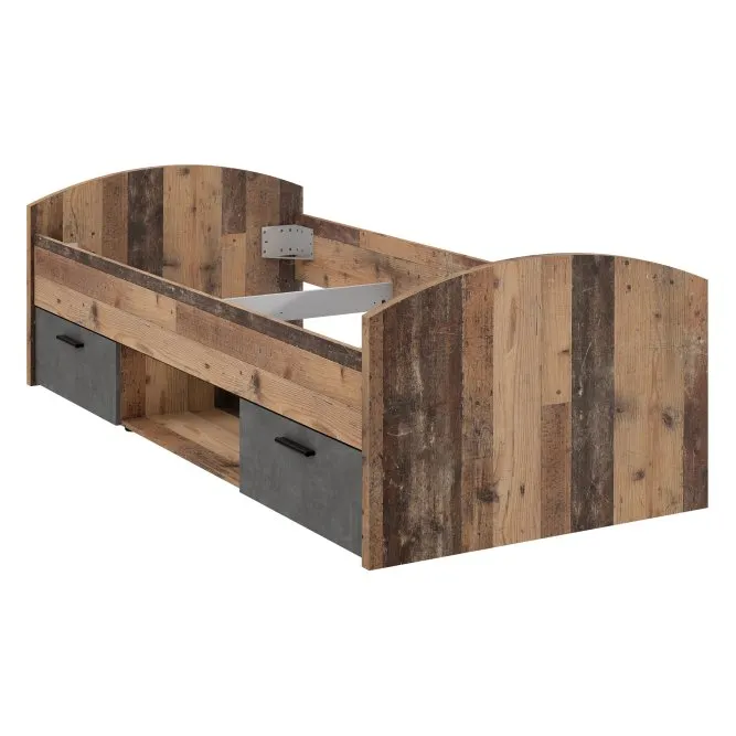 Łóżko z szufladami i wnęką CLIF 90X200 -old wood vintage, beton