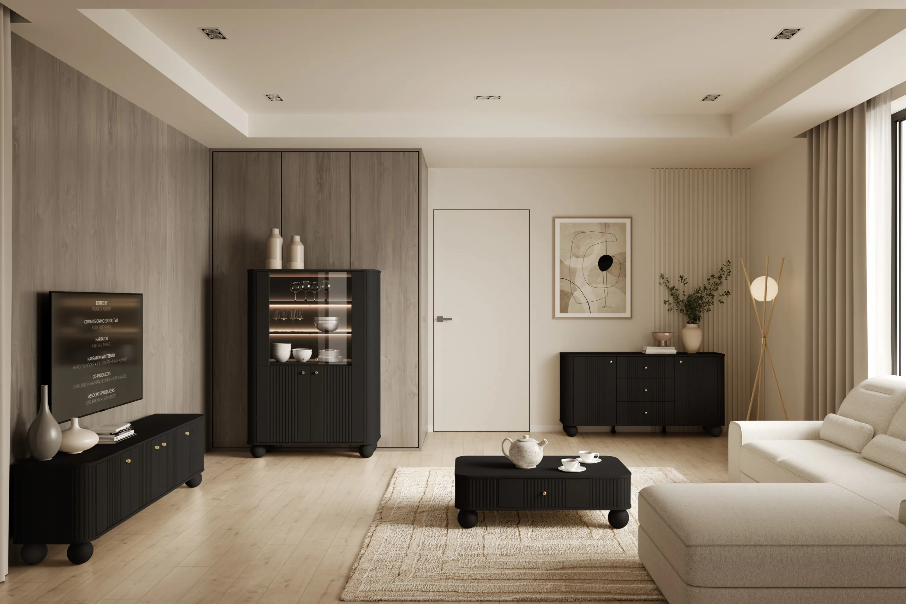 Witryna 4-drzwiowa z oświetleniem VESPER 103 ryflowany front czarna złote uchwyty nogi kule - B_167229