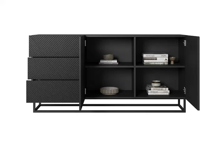 Komoda 2-drzwiowa z 3 szufladami ASHA 167 z szufladami - czarny mat - stelaż - ryflowany front - B_57061