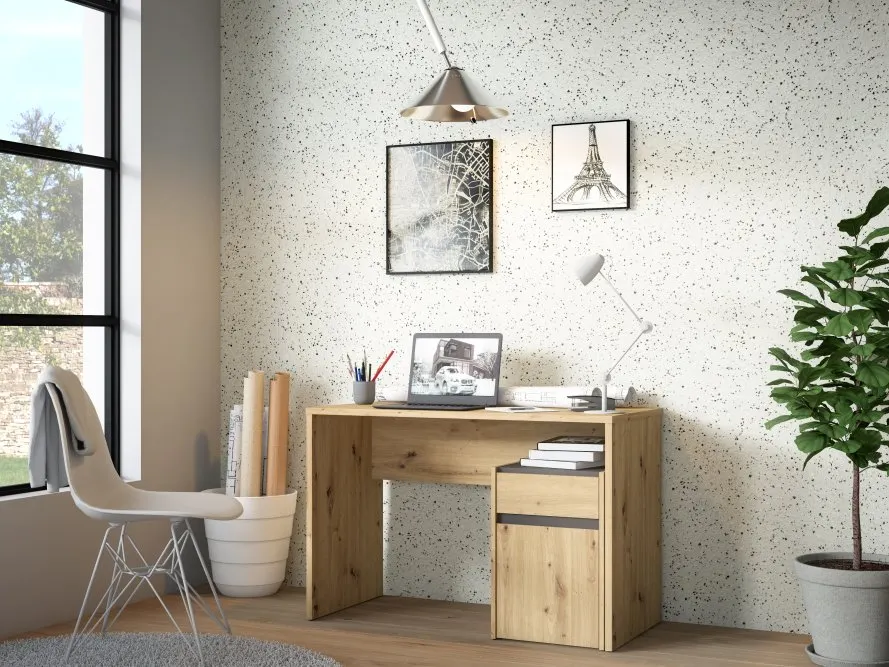 Biurko MODULTRICK z szafką i szufladą - dąb artisan, szary - MDUB111-C827