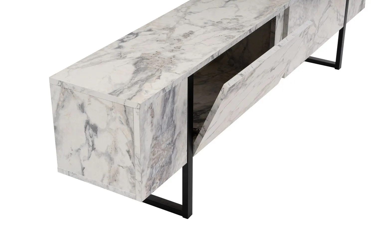 Szafka RTV 2-drzwiowa SERENITY 180 cm biała efekt marmuru/czarne nogi - ASI_241NRD1306