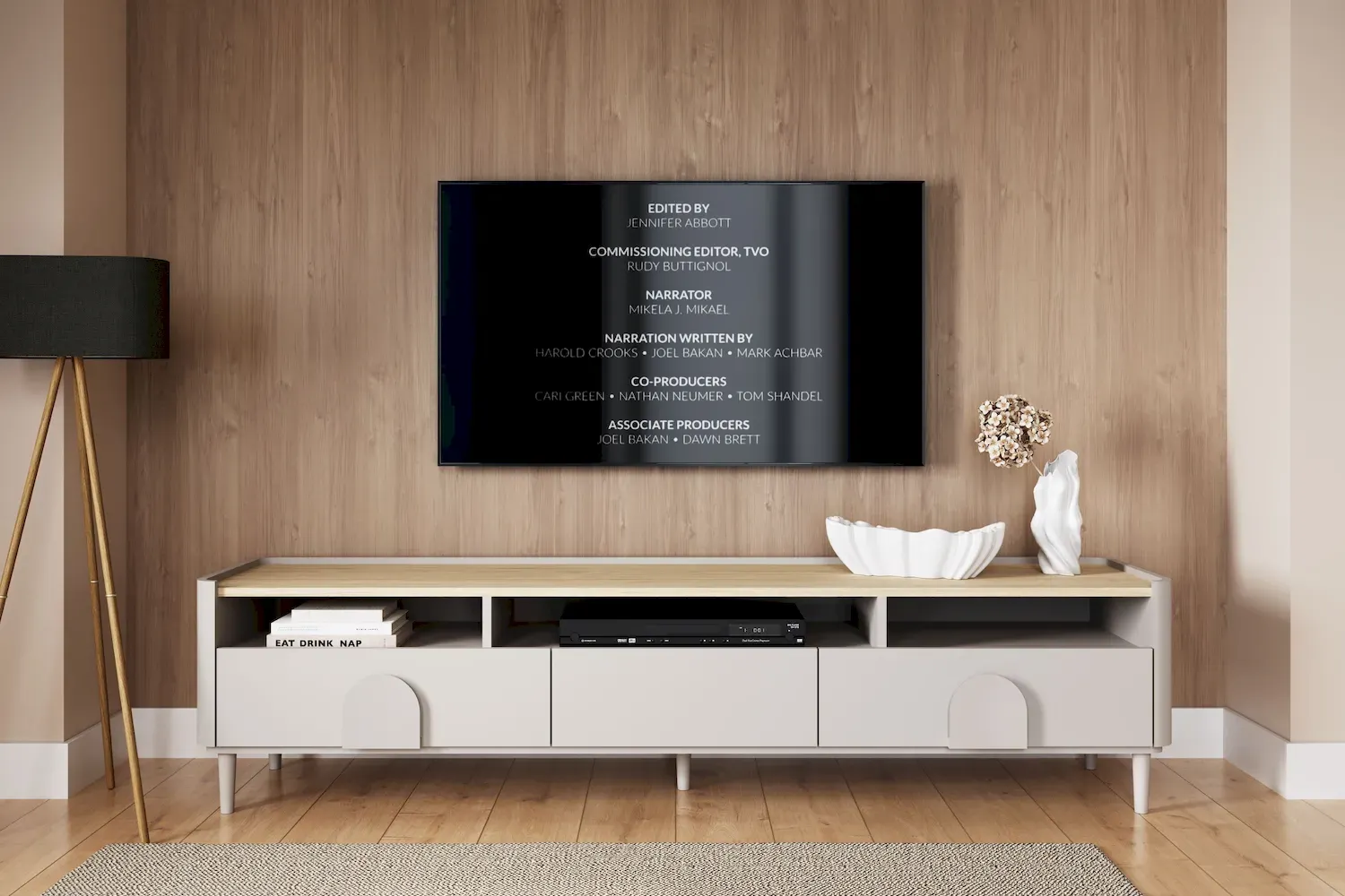 Szafka RTV z klapą i 2 szufladami AMILIO 200 - cashmere dąb olejowany uchwyty cashmere nogi cashmere - B_169220