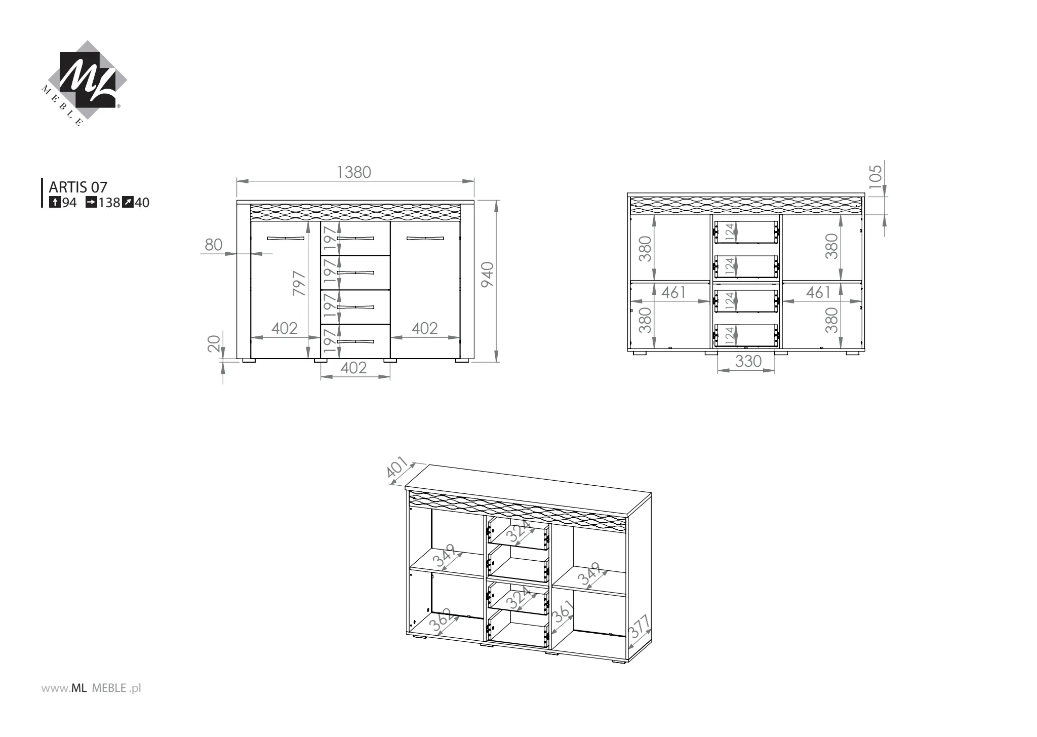 Komoda 2-drzwiowa z 4 szufladami ARTIS 07 z oświetleniem, dąb artisan - 1ARTI07-001