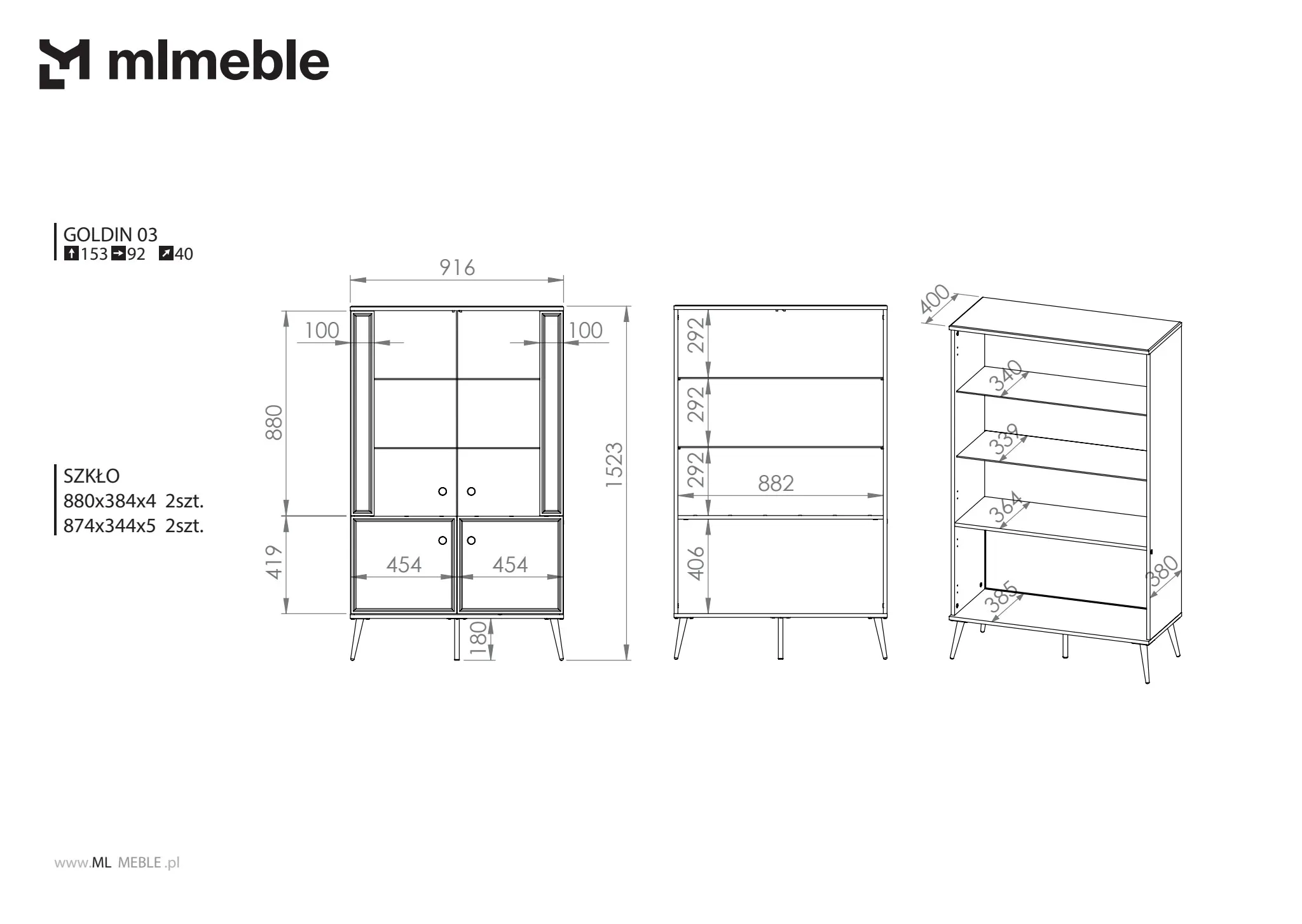 Witryna 2-drzwiowa GOLDIN 03 biały połysk na złotych nogach z oświetleniem - 1GOLD03-001