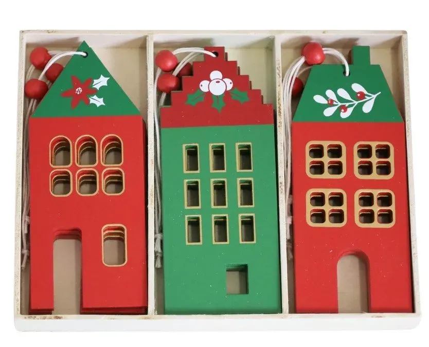 Komplet 9 zawieszek drewnianych DOMKI w drewnianym pudełku 8699 czerwony zielony