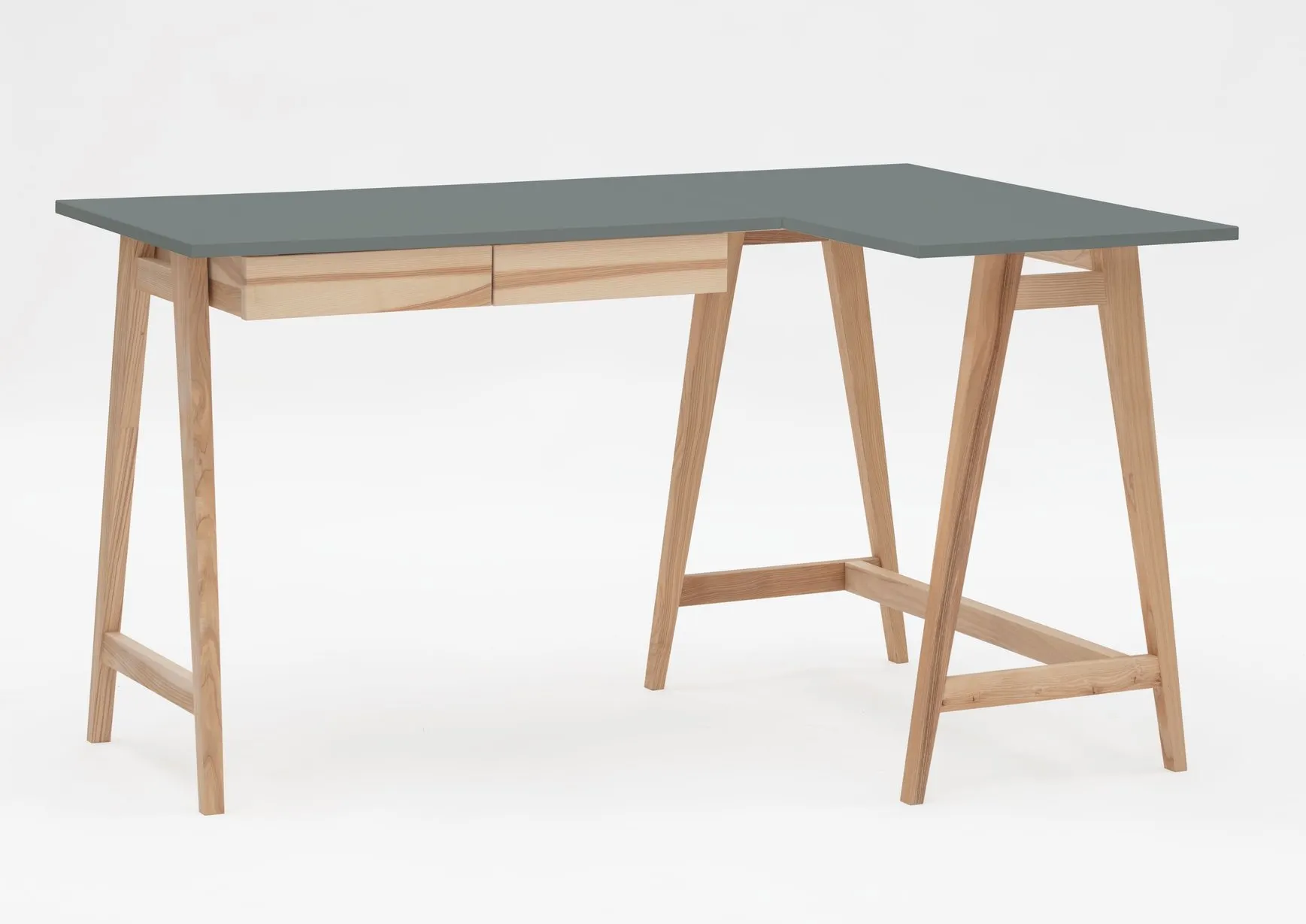 Biurko narożne z szufladą LUKA prawostronne 135x85 ciemnoszary blat/ drewniane nogi Biurko, Meble, Tabela, Stół do jadalni, Komputer