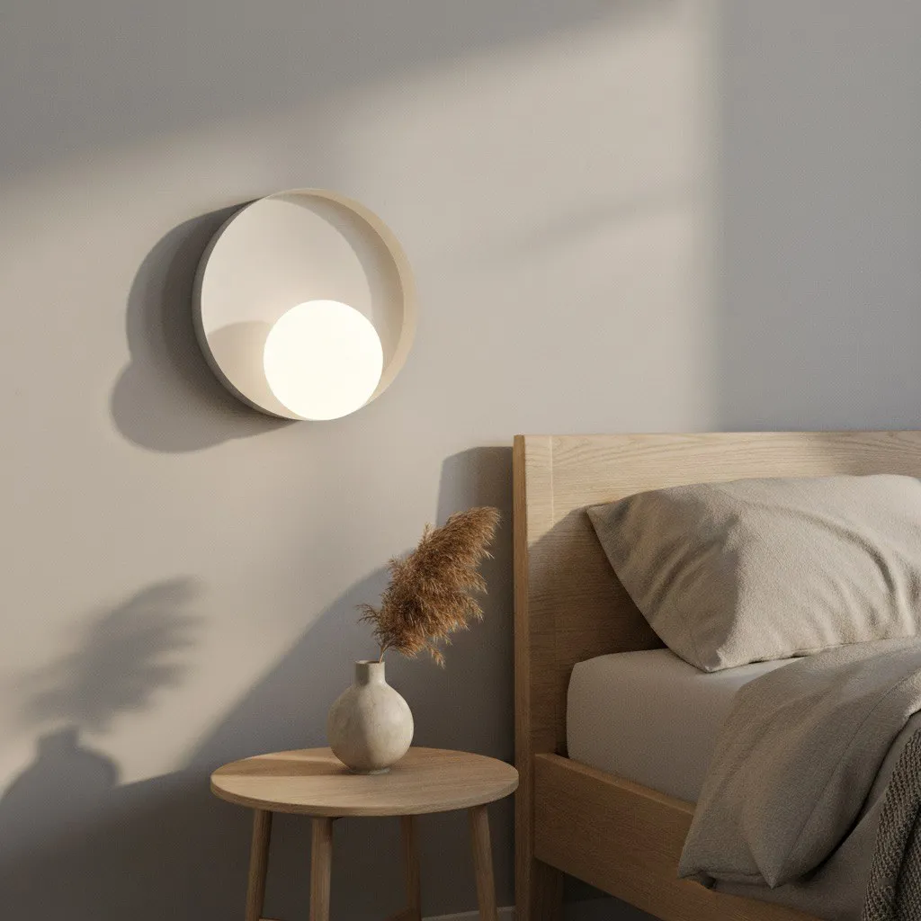 image lampa ścienna, minimalistyczny design, drewniana ława, sypialnia, wazon ceramiczny