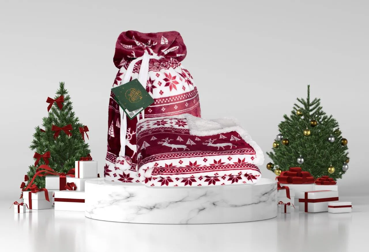 Koc świąteczny dwustronny SACO 127x152 bordowy - FARO_5907750597994