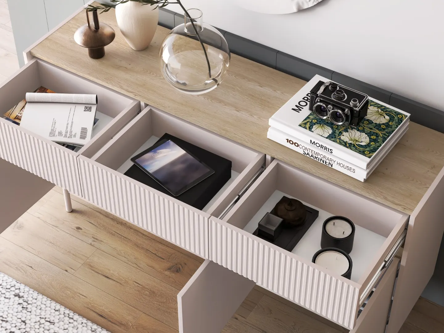 Komoda 3-drzwiowa z szufladami DUNEA 154x85 ryflowana kaszmir - dąb cremona - 1DUNE05-001